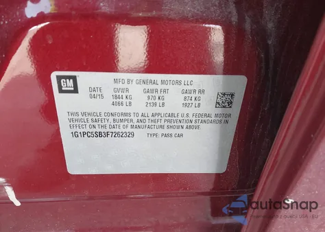 2015 Chevrolet Cruze 1Lt Auto z USA, uszkodzony, nr VIN 1G1PC5SB3F7262329